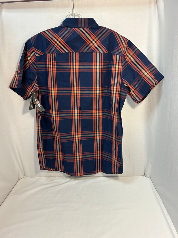 Men’s Short Sleeve Blue/Orange Plaid Shirt, Size Small