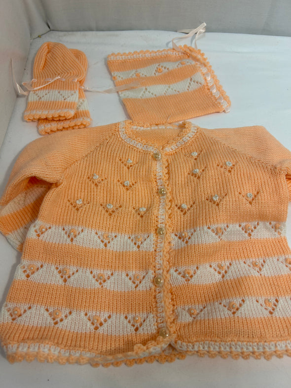 4 Piece Infant Handmade Layette Set, Peach, 3 Months
