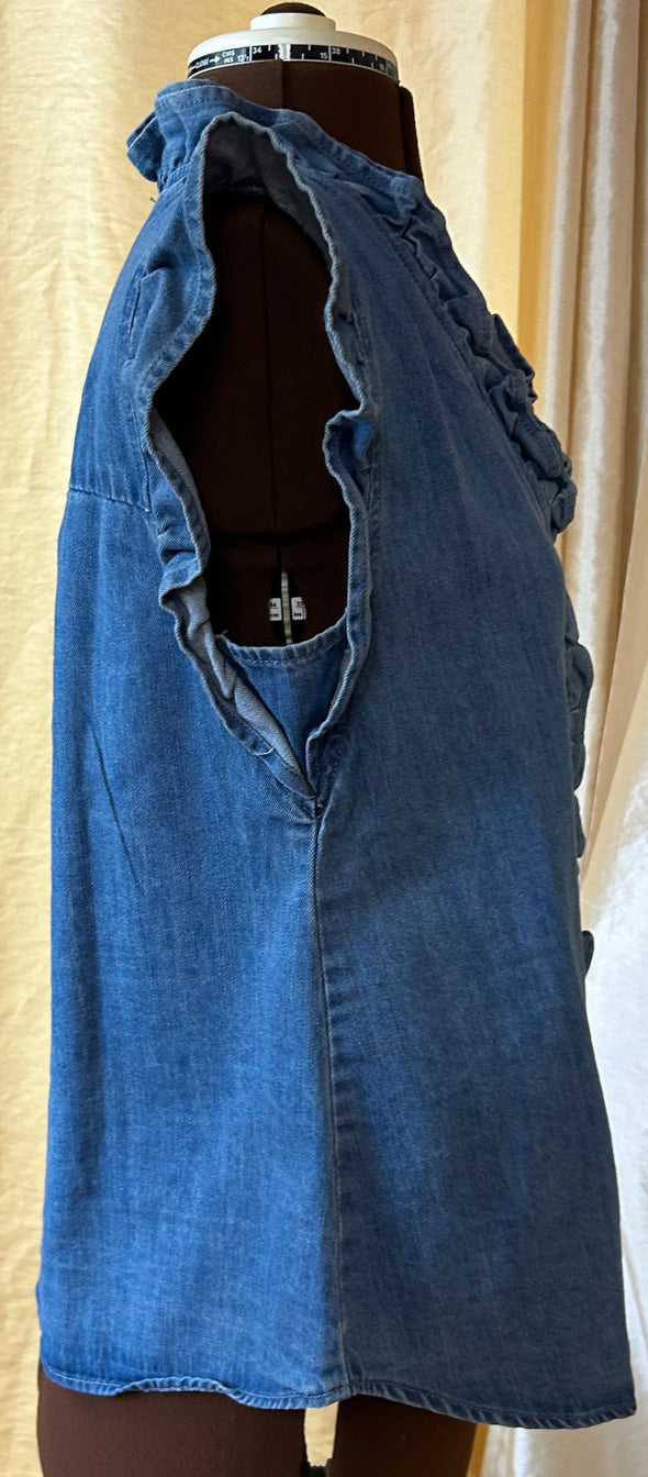 Ladies Cap Sleeve Blouse, Denim, Blue, Size Large, NEW