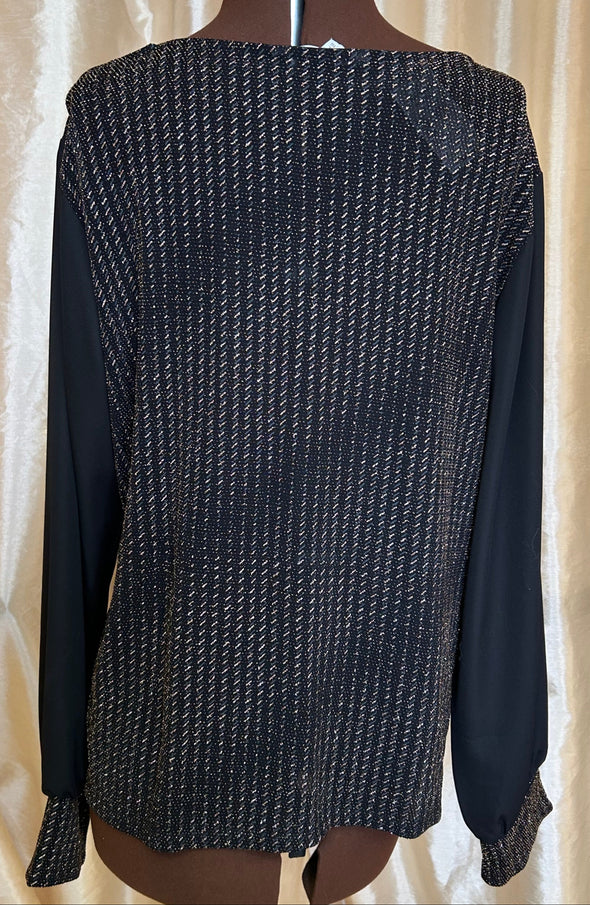 Ladies Long Sleeve Metallic Blouse, Black/Gold, 2XL, NEW