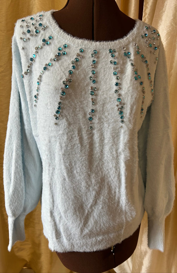 Ladies Long Sleeve Sweater, Crystal Trim, Powder Blue, Large
