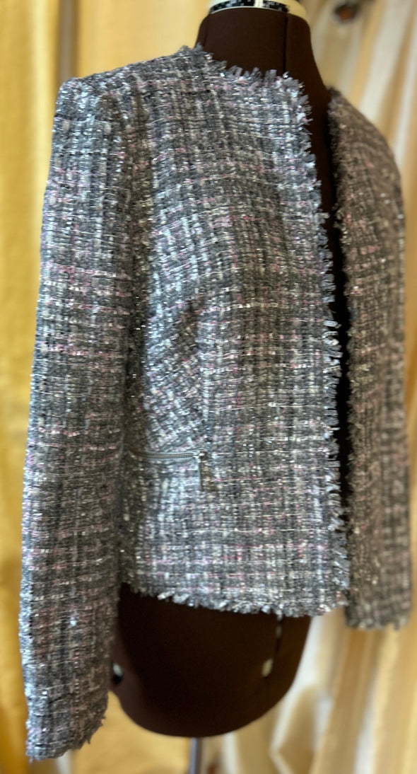 Long Sleeve Tweed Sequin Inlaid Jacket, Pink/Grey, Siz 6