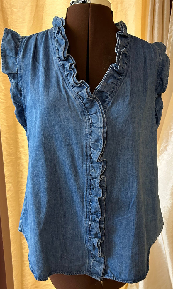 Ladies Cap Sleeve Blouse, Denim, Blue, Size Large, NEW