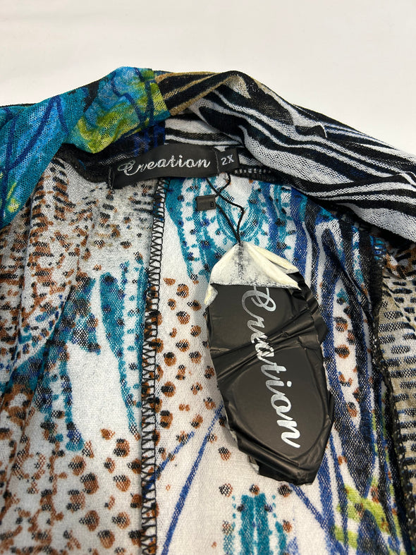 Ladies BoHo Style Printed Jacket, Blue/Green, 2X, NEW