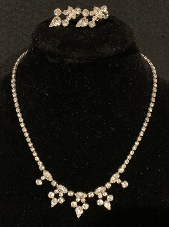 Vintage (1960's) Signed Sherman Clear Ice Crystal Rhinestone Necklace and Earrings