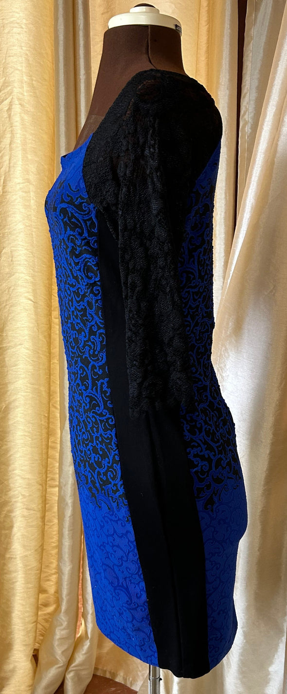 Ladies Canadian Designed Dress, Cobalt Blue & Black Lace, Size 8