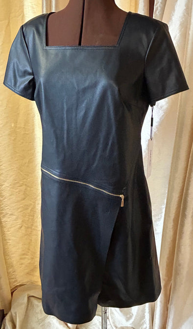 Short Sleeve Pleather Dress, Square Neckline, Black, Size 10, NEW
