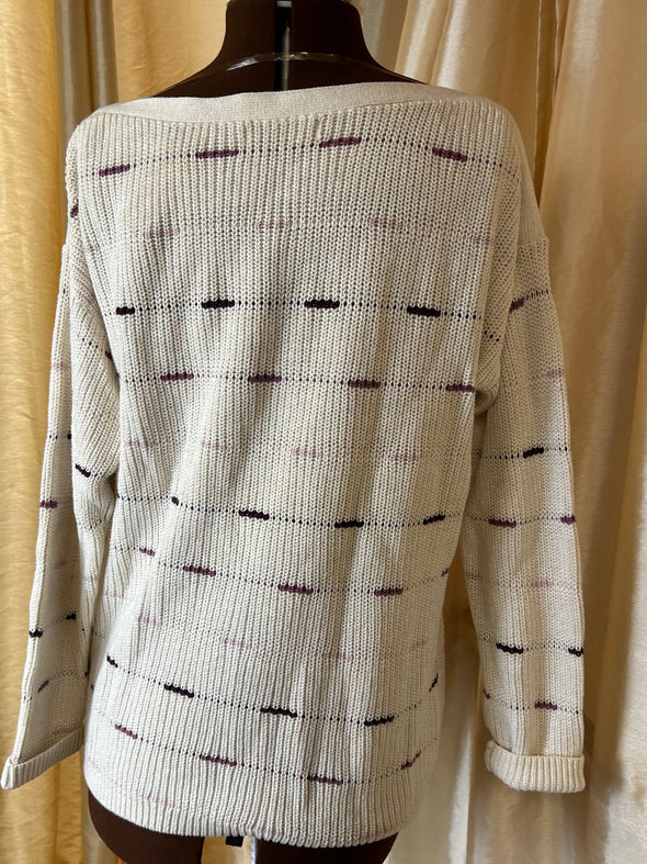 Ladies Long Sleeve Pullover, Boat Neck, Cream With Stripes, Large