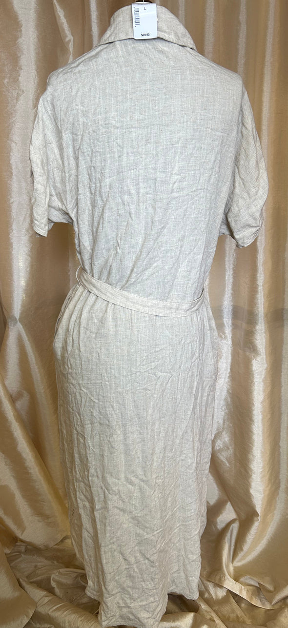 Short Sleeve V-Neck Button Front Dress, Beige, NEW