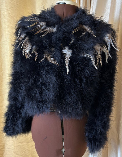 Vintage Style Feather Jacket, Black, Size Small