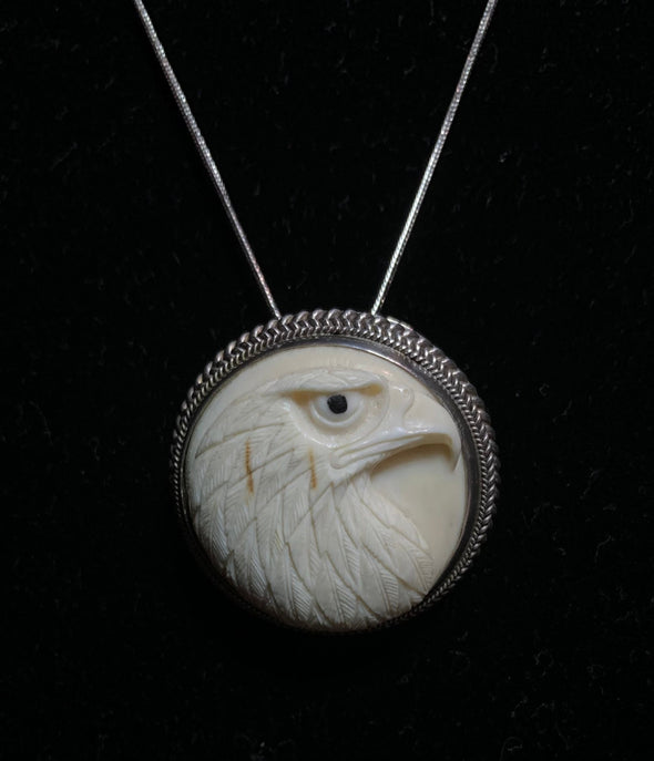 Korite 925 Carved Eagle Pendant/Brooch with 925 Silver Chain