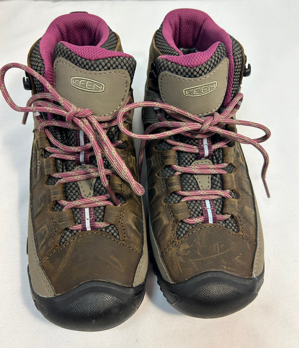 Ladies Hiking Boots, Green/Brown, Pink Trim, Size 7