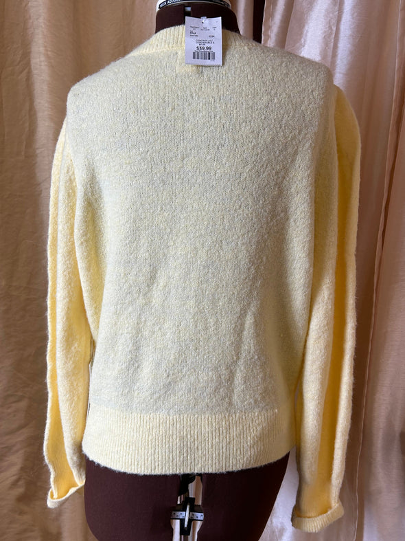 Ladies Long Sleeve Sweater, Floral Trim, Yellow, XL