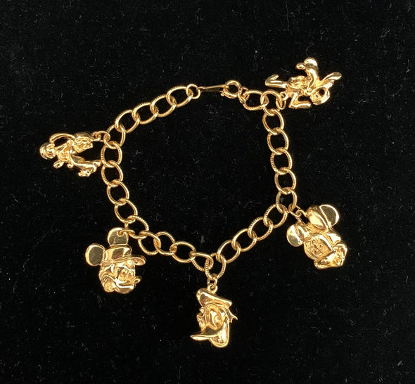 Childs Signed Vintage Disney Gold Tone Charm Bracelet and Mickey Earrings