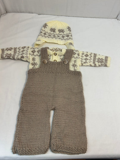 Hand Knit Infant 3 Piece Set, Hat, Trousers, Sweater, Size 3-6 Months, Cream and Taupe