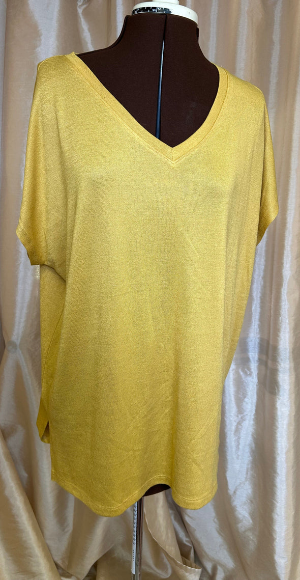 Women's Short Sleeve V-Neck Top, Mustard, XL