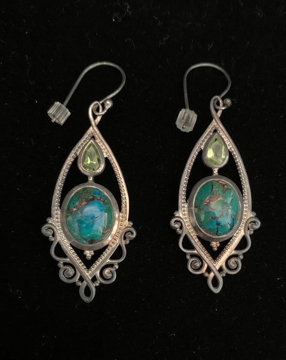 Chrysocolla and Peridot Pendant and Earrings (pierced) Himalayan Gems, Nepal