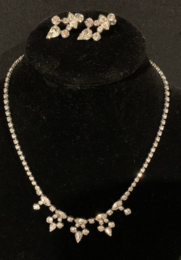 Vintage (1960's) Signed Sherman Clear Ice Crystal Rhinestone Necklace and Earrings