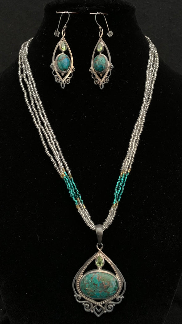 Chrysocolla and Peridot Pendant and Earrings (pierced) Himalayan Gems, Nepal