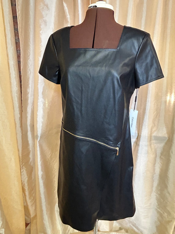 Short Sleeve Pleather Dress, Square Neckline, Black, Size 10, NEW