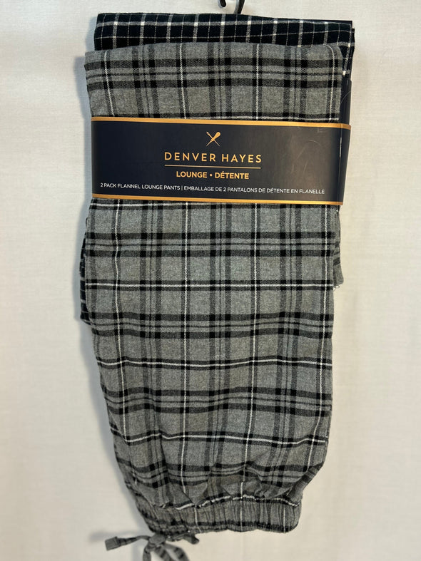 2 Pair Men's Lounging Pants, Grey/Black Plaid, Medium