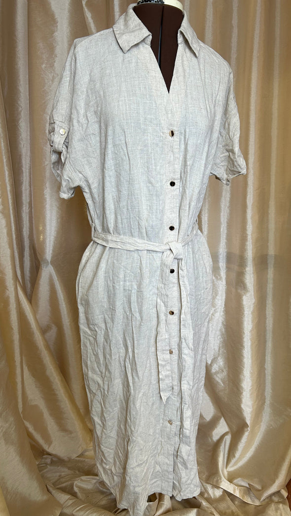 Short Sleeve V-Neck Button Front Dress, Beige, NEW