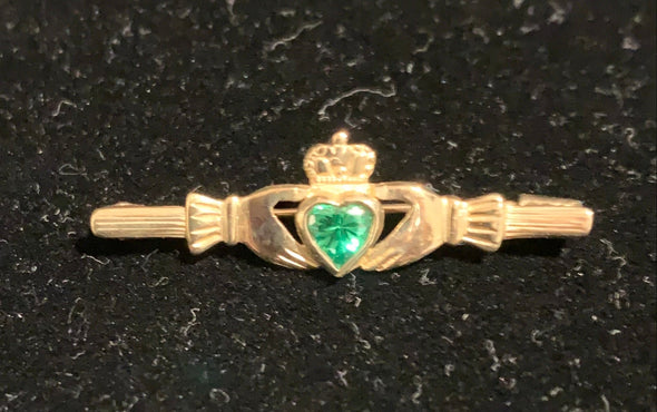 Irish Claddagh 9ct (375) Gold Brooch or Tie Pin with Green Stone (CZ)