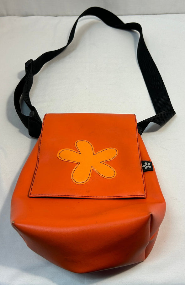 Cross Body Bag, Orange With Flower, Black Strap, 12" x 8"