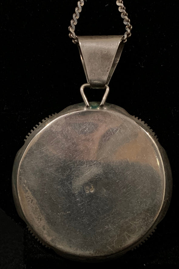 Unusual Marked Silver and Raised Green and Black Stone Pendant with 925 Silver Chain