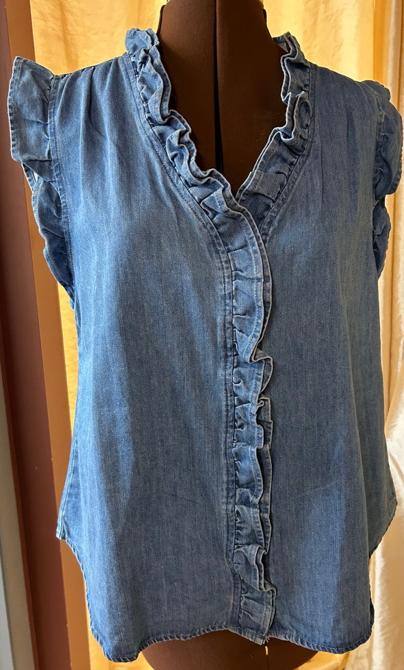 Ladies Cap Sleeve Blouse, Denim, Blue, Size Large, NEW