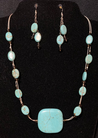 Turquoise coloured Stone and Crystal Bead Necklace and Earrings