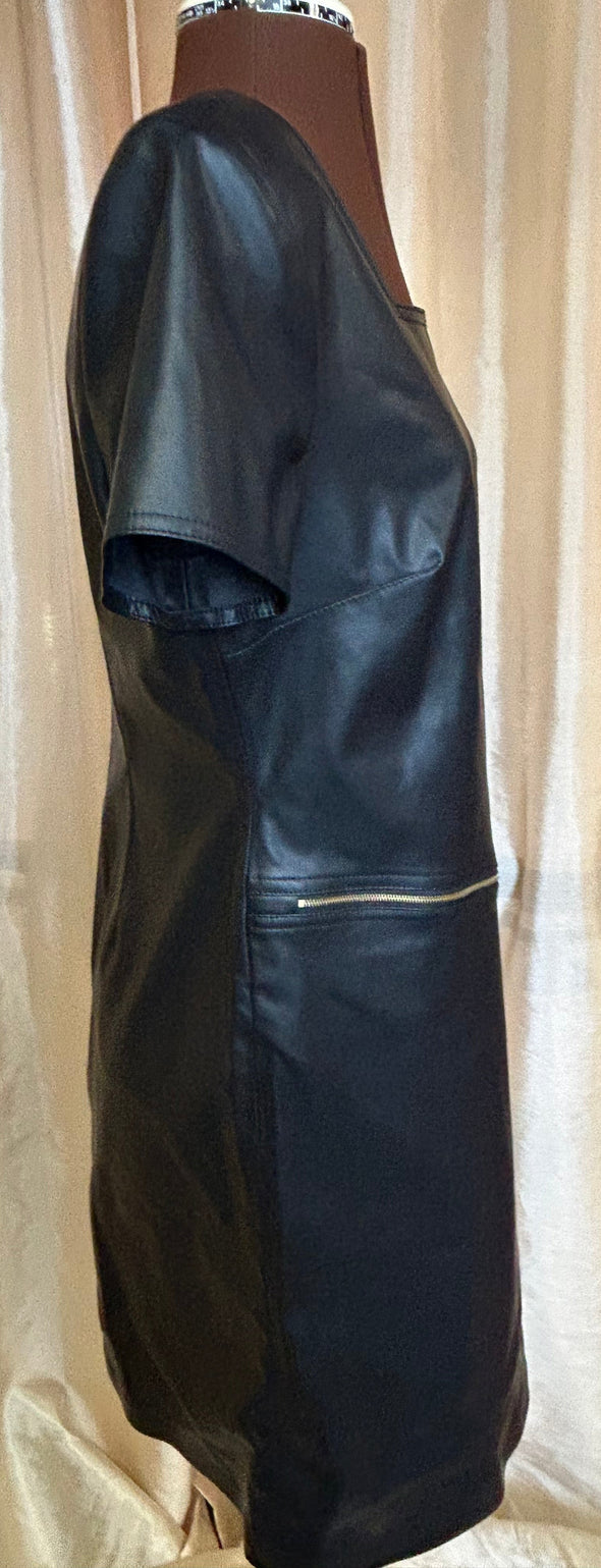 Short Sleeve Pleather Dress, Square Neckline, Black, Size 10, NEW