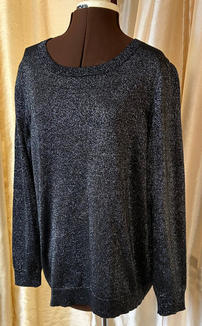 Ladies Black Metallic Long Sleeve Pullover. Ribbed Sleeves and Hemline. Size 2XL.  Great Holiday Wear.