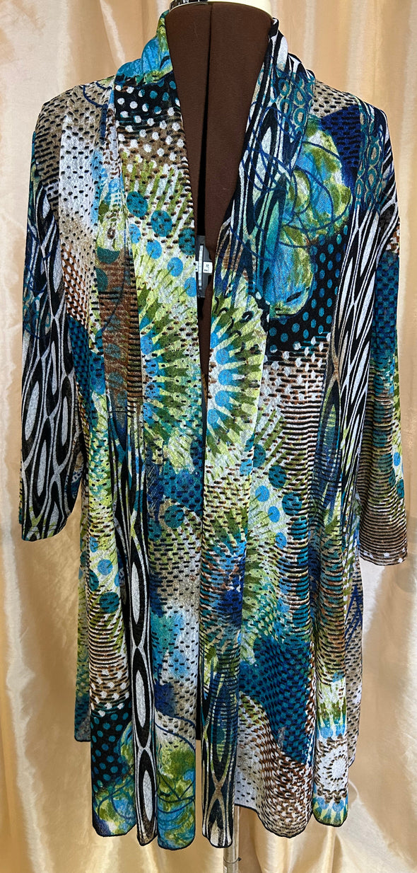 Ladies BoHo Style Printed Jacket, Blue/Green, 2X, NEW