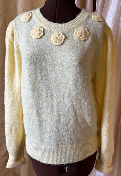 Ladies Long Sleeve Sweater, Floral Trim, Yellow, XL