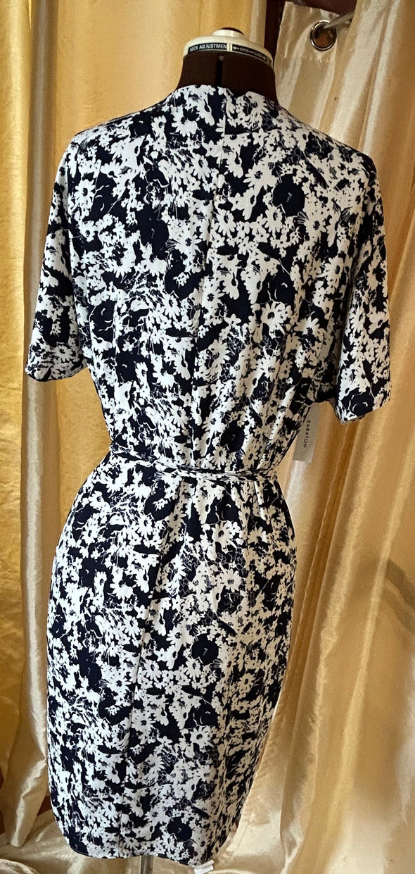 V-Neck Short Sleeve Wrap Dress, Navy/White, Size Large