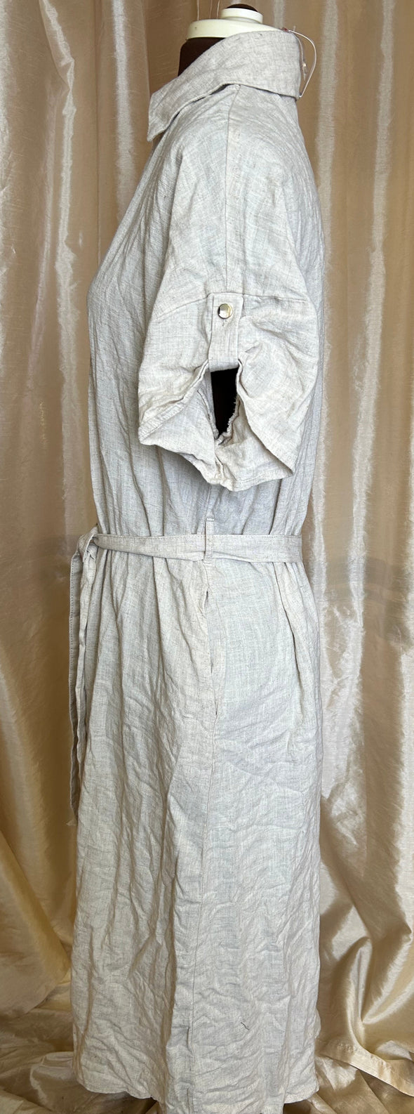 Short Sleeve V-Neck Button Front Dress, Beige, NEW