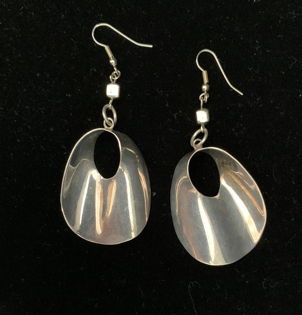 Taxco Mexican 925 Silver, Wavy Open Circle, Dangle Hook Earrings