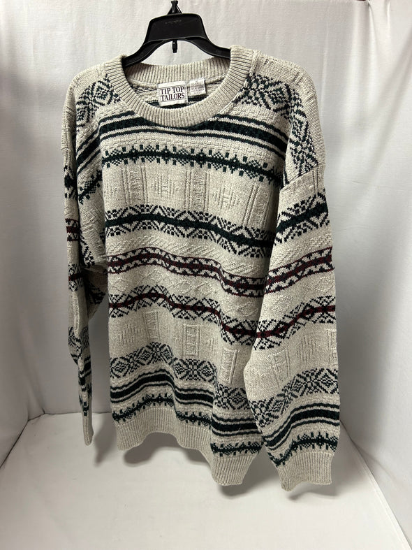 Men’s Sweater, Grey/Green with Green Stripes, Size Medium