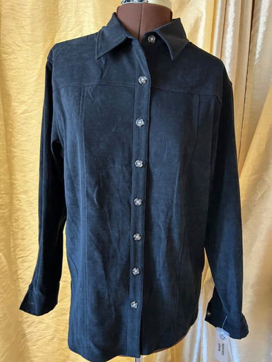 Ladies Long Sleeve Faux Suede Blouse, Black, Size 10, NEW