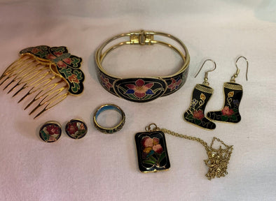 Vintage Black Cloisonné Goldtone Floral Bracelet, Necklace, Ring, Hair Comb and 2 pairs Earrings