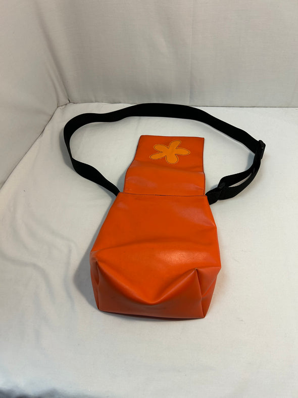 Cross Body Bag, Orange With Flower, Black Strap, 12" x 8"