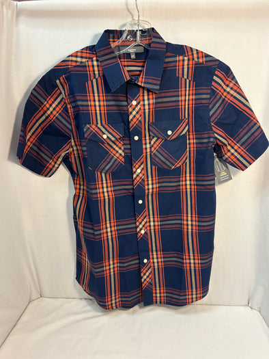 Men’s Short Sleeve Blue/Orange Plaid Shirt, Size Small