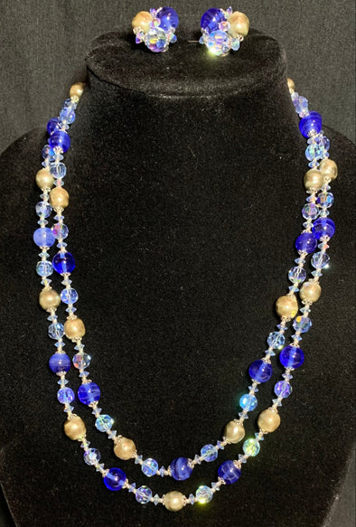 Signed Sherman, art glass, pearls and Swarovski bead necklace and clip-on earrings