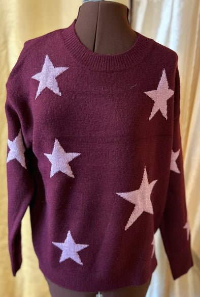 Ladies Long Sleeve Burgundy Sweater With Pink Stars, Small, NEW