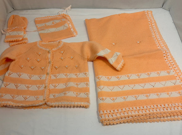 4 Piece Infant Handmade Layette Set, Peach, 3 Months