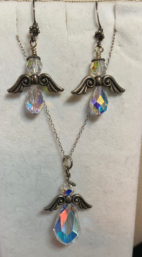 925 Silver Crystal Angel Necklace and Earrings