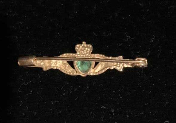 Irish Claddagh 9ct (375) Gold Brooch or Tie Pin with Green Stone (CZ)