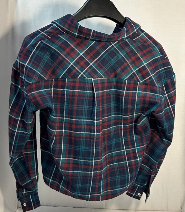 Ladies Crop Top Long Sleeve Blouse, Dark Plaid, Small