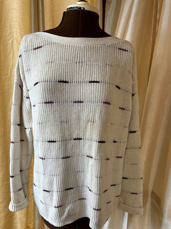 Ladies Long Sleeve Pullover, Boat Neck, Cream With Stripes, Large